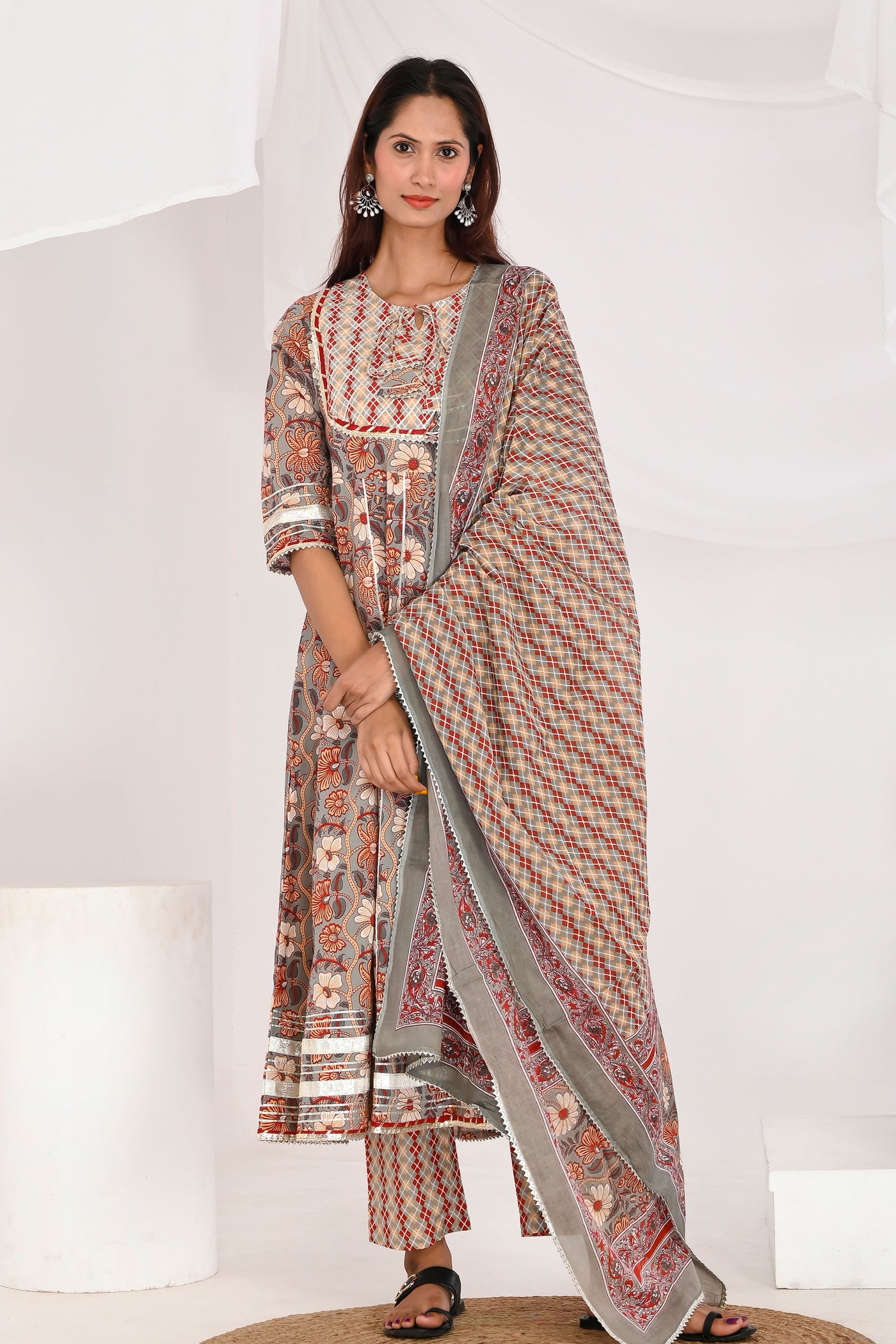 Multi Color Floral Cotton Anarkali Suit Set - Astha