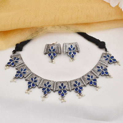 Malvika Silver Look Alike Heavy Look Necklace with Matching Earrings Set