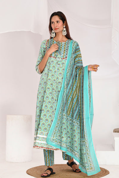 Turquoise Green Anarkali Cotton Suit Set - Aastha
