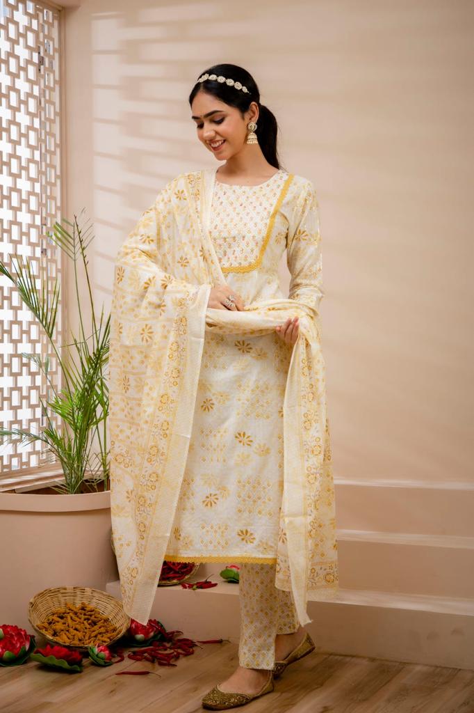 Yellow floral motif suit set - Vikin