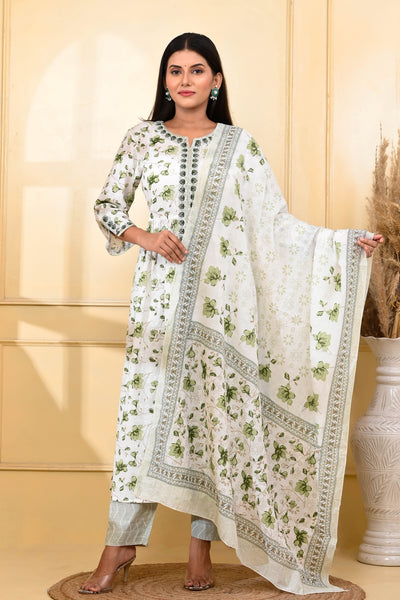 Green Floral Slit Straight Suit Set - Raas