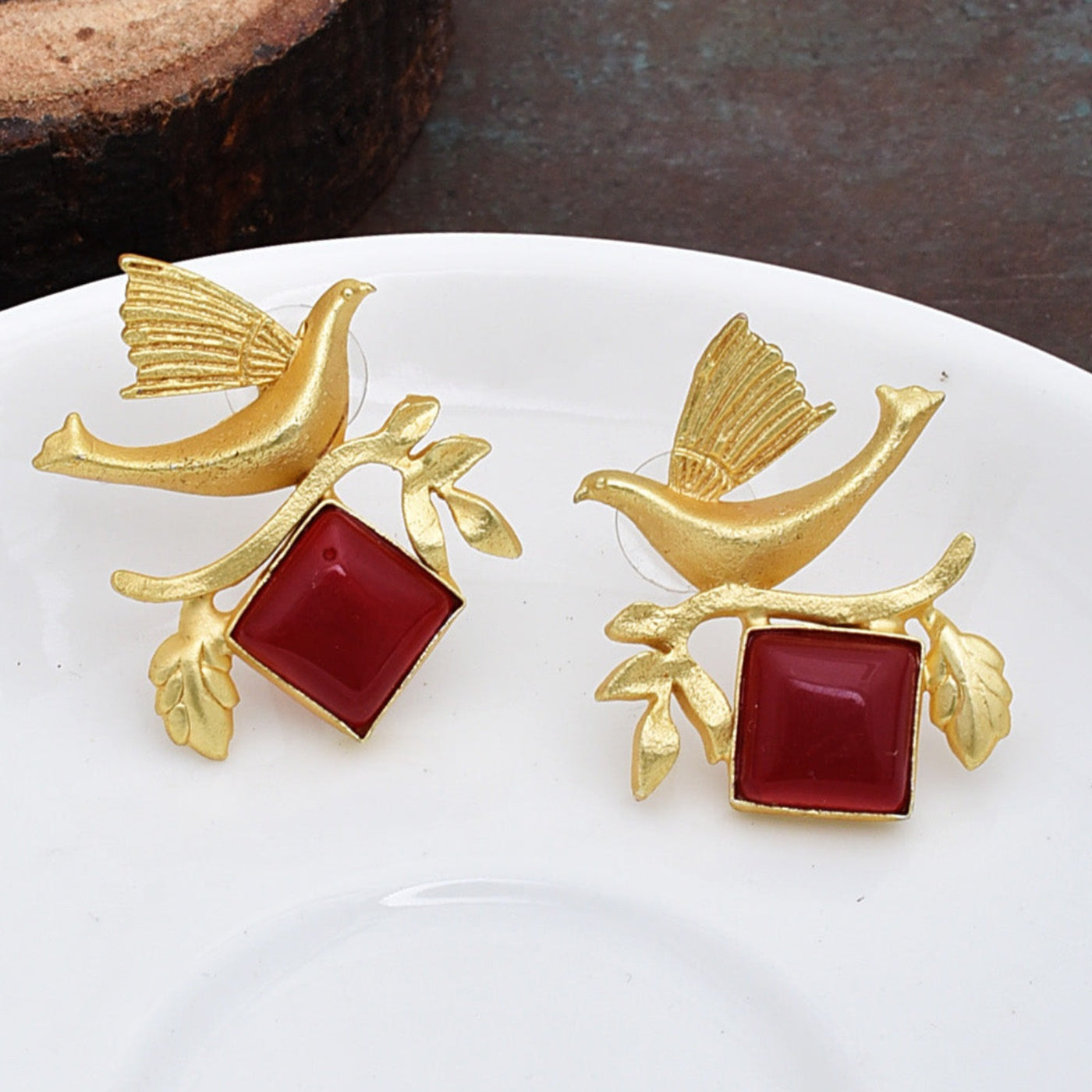 Scarlet Bird Golden Matte Stud Earrings