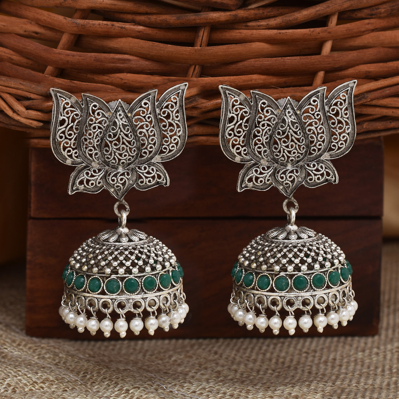 Samaira Lotus Designed Silver look Alike Jhumka Earrings