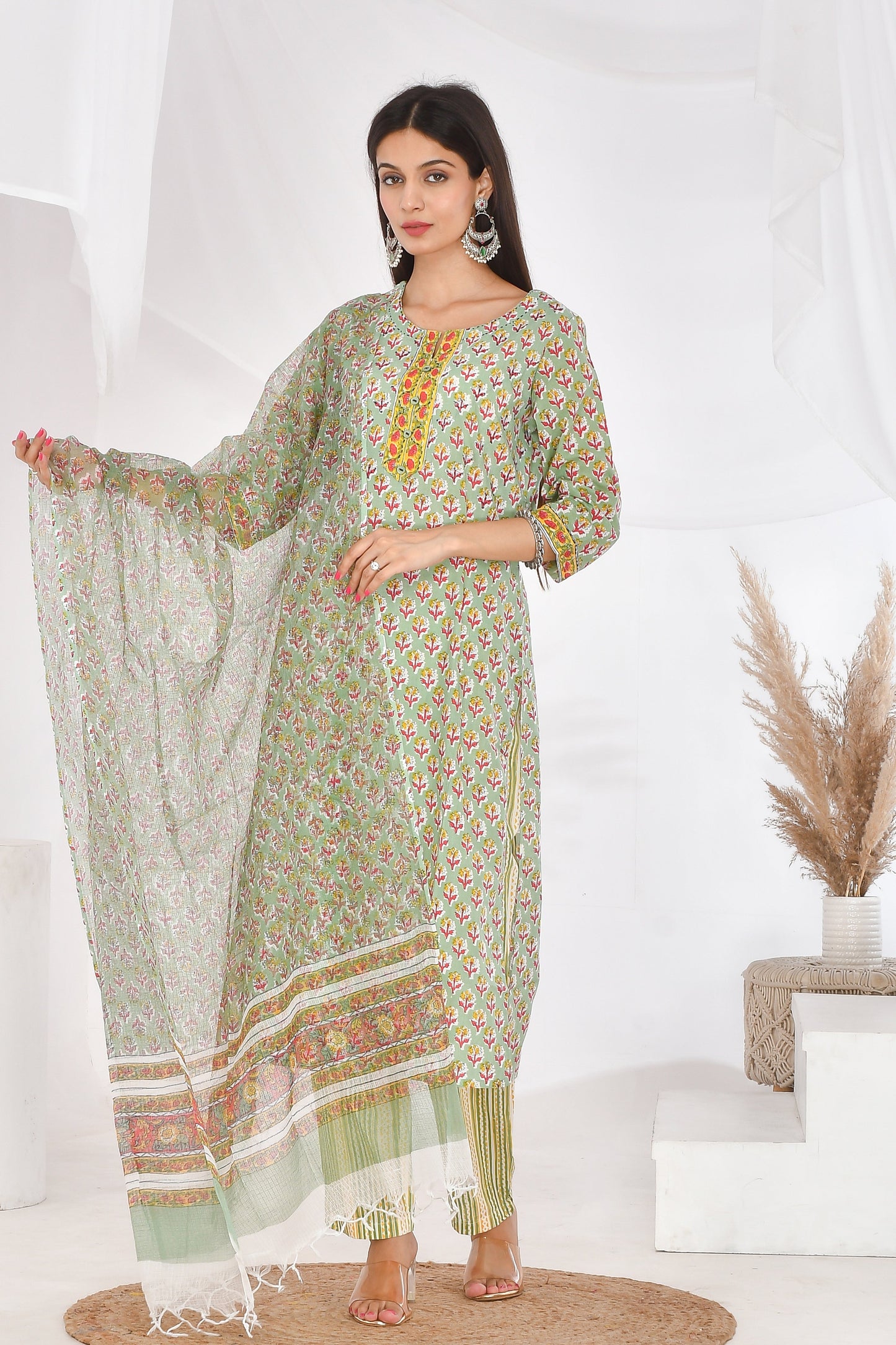 Light green floral kurti set - vikin