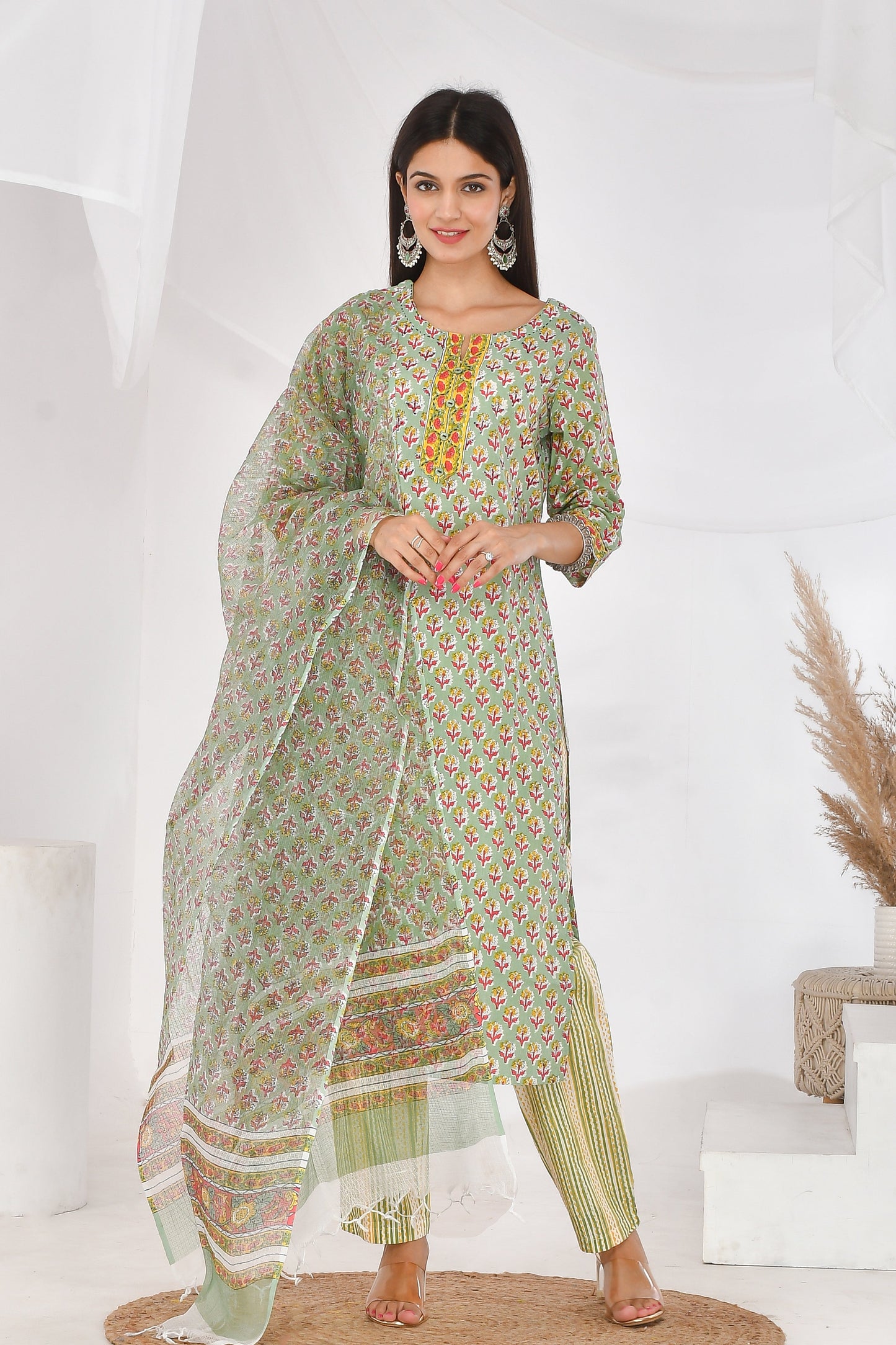 Light green floral kurti set - vikin