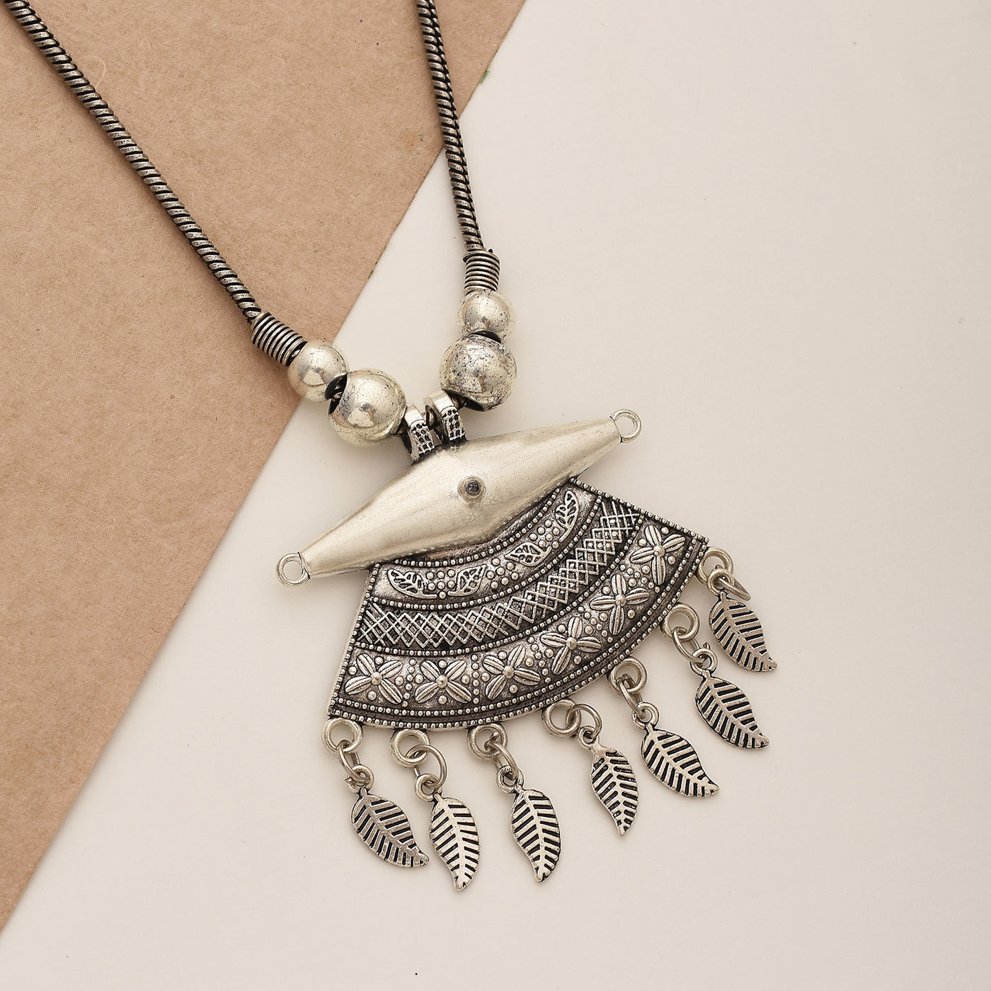 Designer German Silver Kolhapuri Long Pendant Necklace
