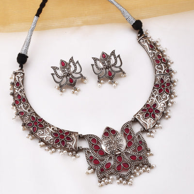 Sargun Lotus Flower Designed Silver Look Alike Necklace with Matching Earrings