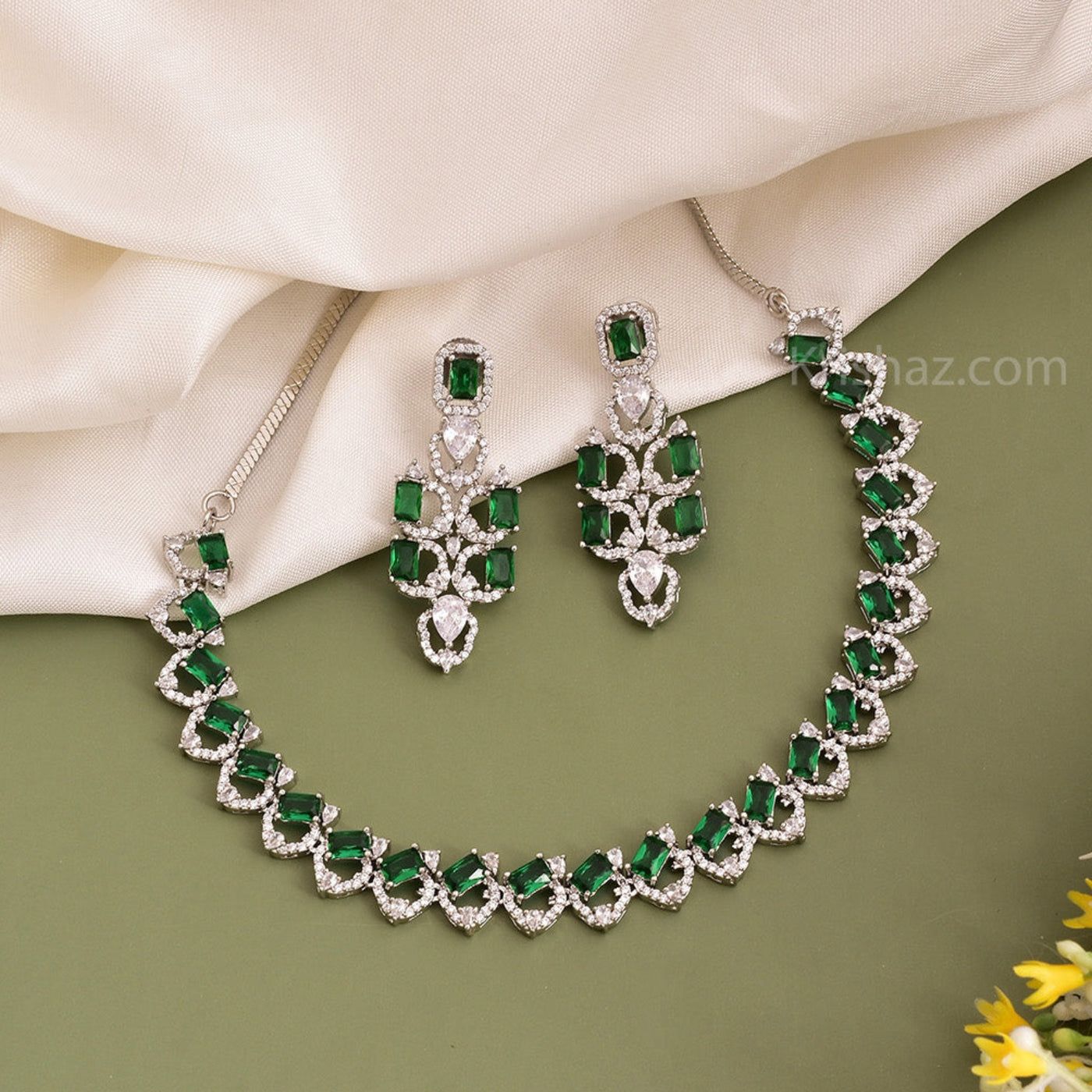 Lea Rhodium Plated Cz American Diamond Necklace Set