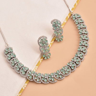 Crescent Flower Design Rhodium Plated Necklace And Matching Earrings