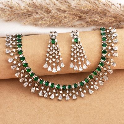 Catherine Designer Rhodium Plated Cz American Diamond Necklace Set