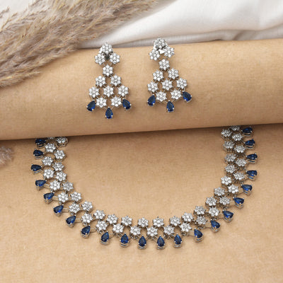 Abigail Flower Design Rhodium Plated Cz American Diamond Necklace Set