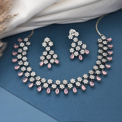 Abigail Flower Design Rhodium Plated Cz American Diamond Necklace Set