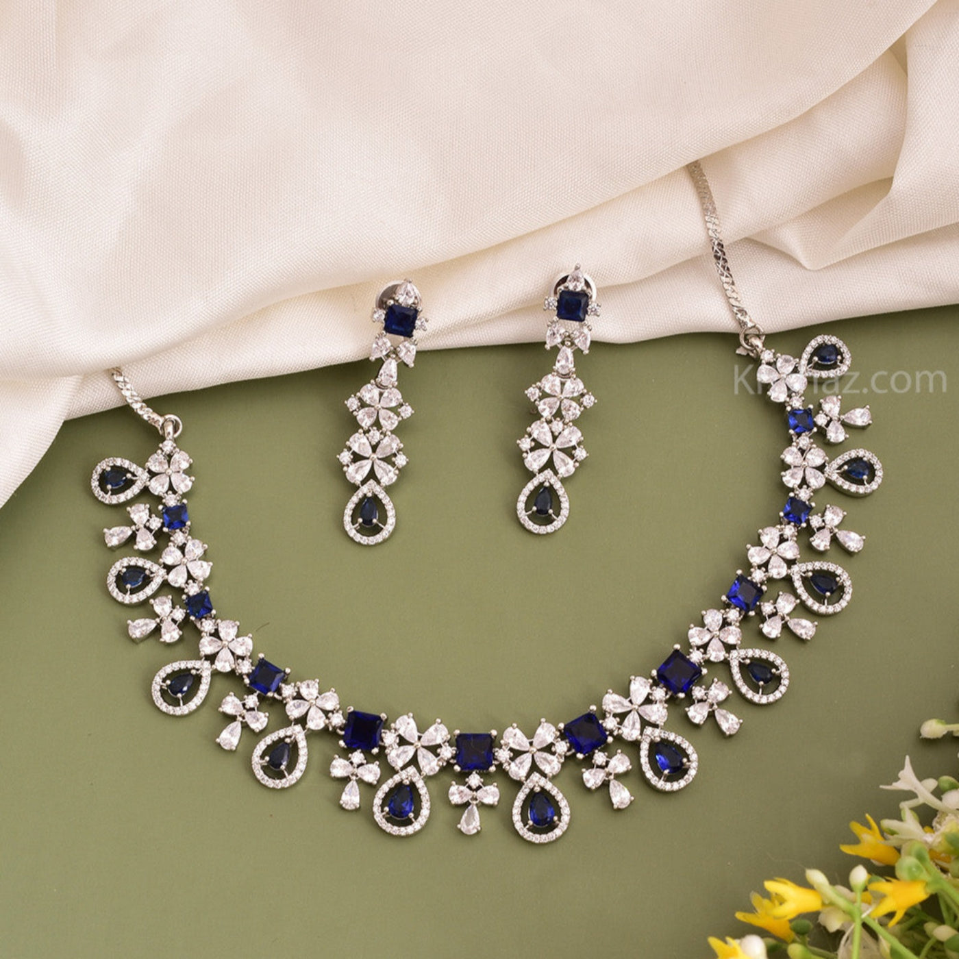 Janet Floral Design Rhodium Plated Cz American Diamond Necklace Set