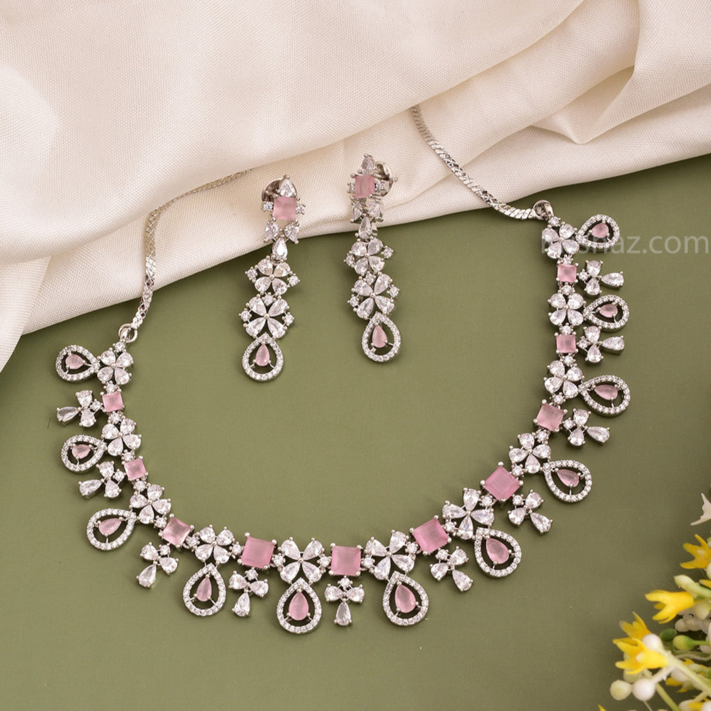 Janet Floral Design Rhodium Plated Cz American Diamond Necklace Set
