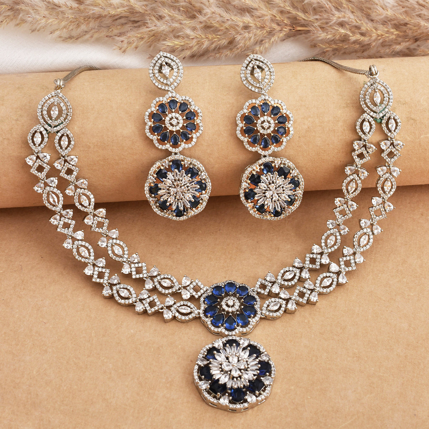 Charlotte Designer Rhodium Plated Cz American Diamond Necklace Set
