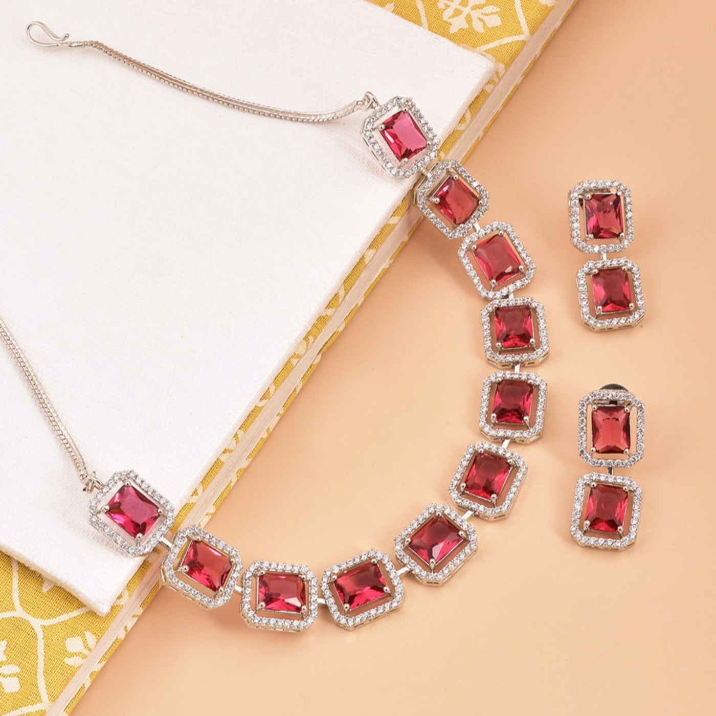 Octo Design Rhodium Plated Cz American Diamond Necklace Set