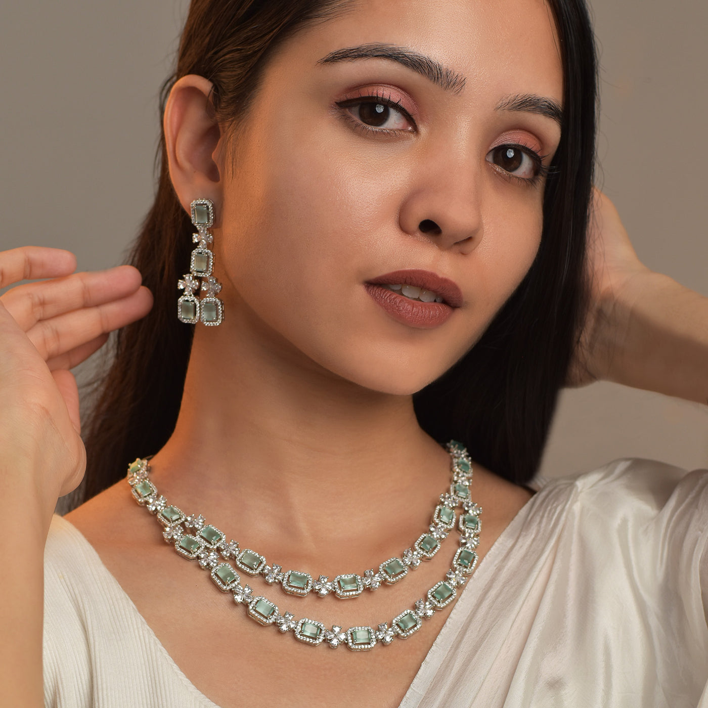 Victoria Double Layered Rhodium Plated Necklace Set