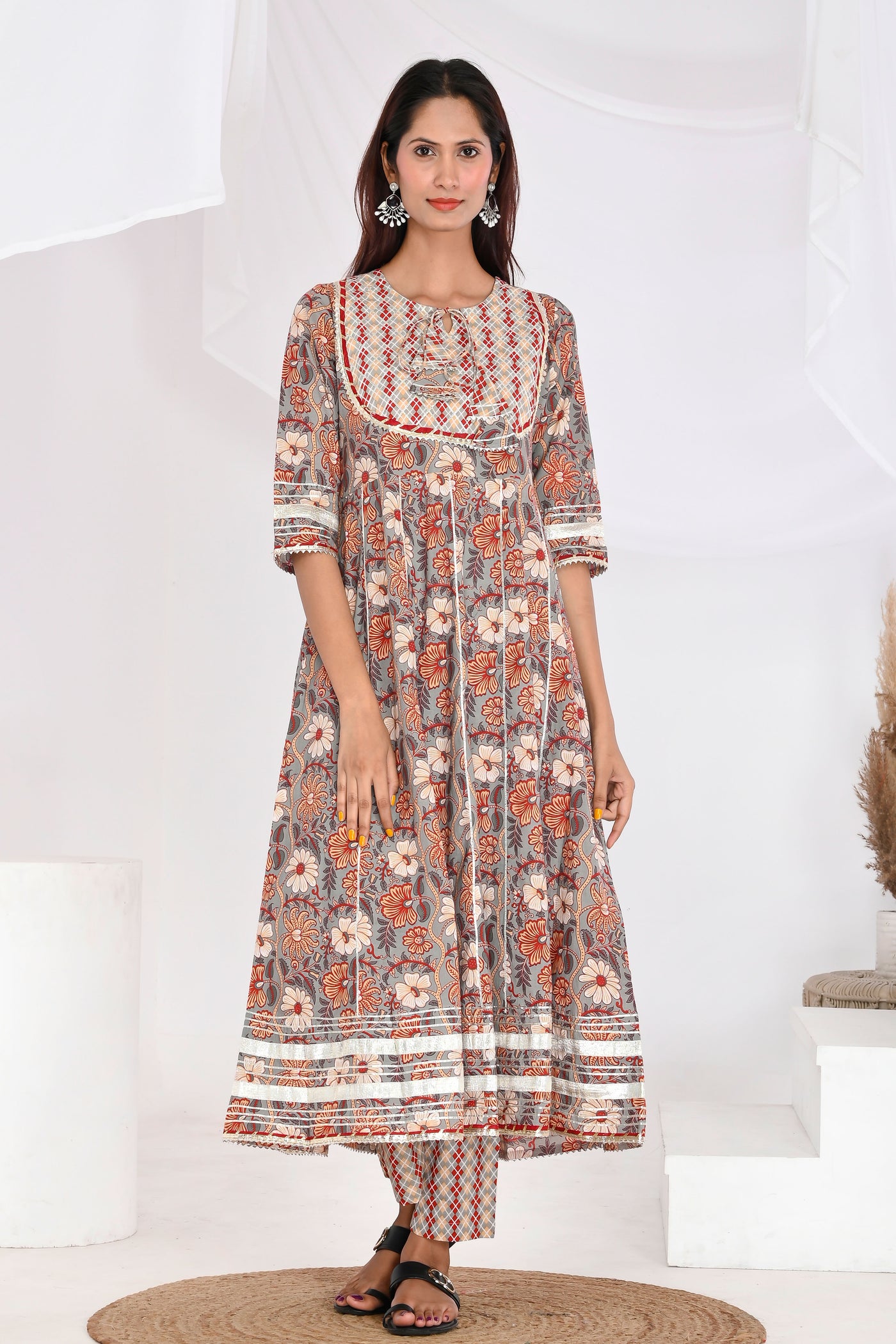 Multi Color Floral Cotton Anarkali Suit Set - Astha