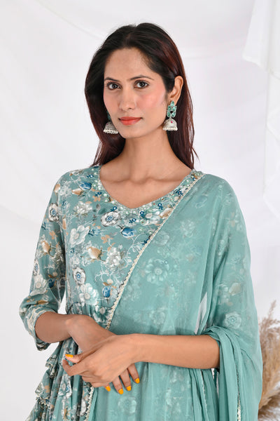 Green Floral Cotton Mulmul Suit Set Set -Divya