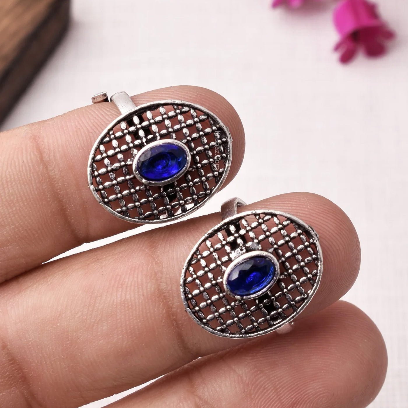 A Pair of Blue Color Oxidized Silver Adjustable Ethnic Toe Rings