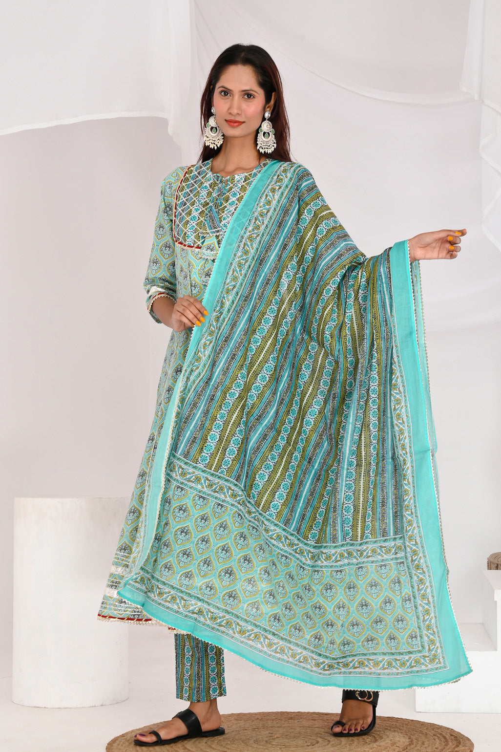 Turquoise Green Anarkali Cotton Suit Set - Aastha