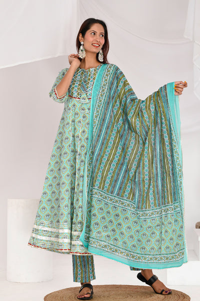 Turquoise Green Anarkali Cotton Suit Set - Aastha