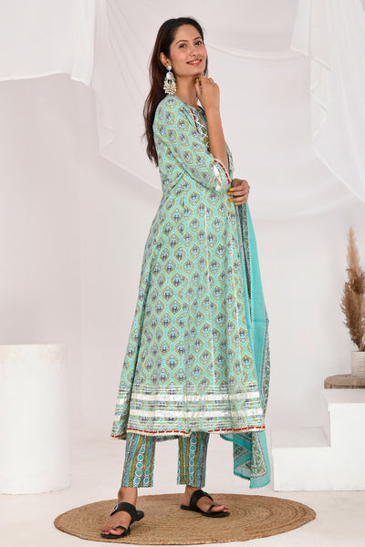 Turquoise Green Anarkali Cotton Suit Set - Aastha