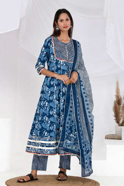 Indigo Floral Anarkali Cotton Suit Set - Aastha