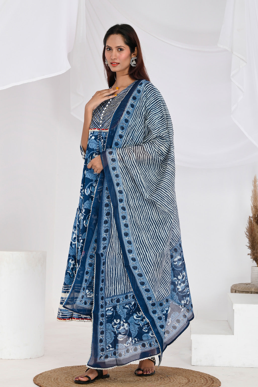 Indigo Floral Anarkali Cotton Suit Set - Aastha