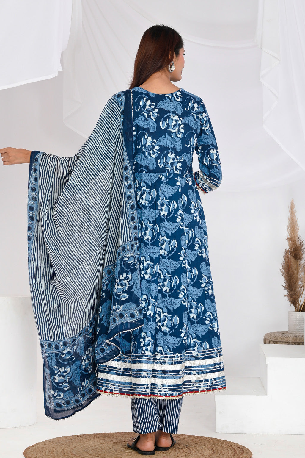 Indigo Floral Anarkali Cotton Suit Set - Aastha