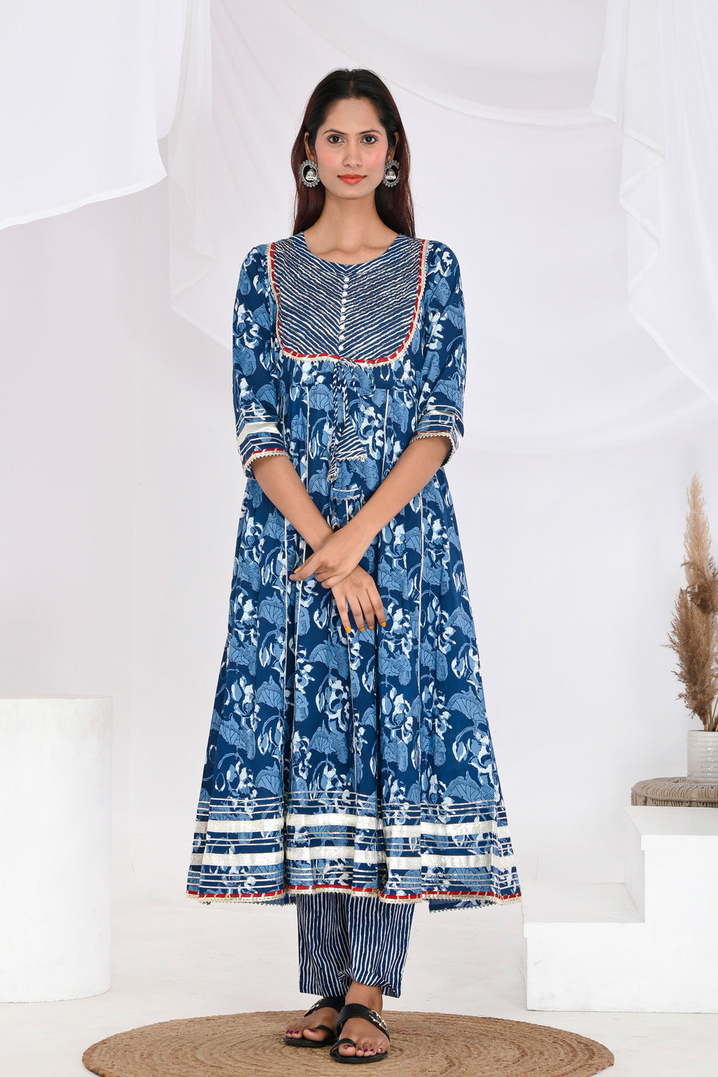 Indigo Floral Anarkali Cotton Suit Set - Aastha