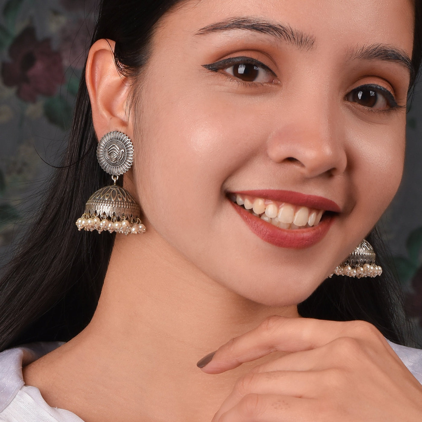 Durga Silver Oxidised Jhumka Earring Set