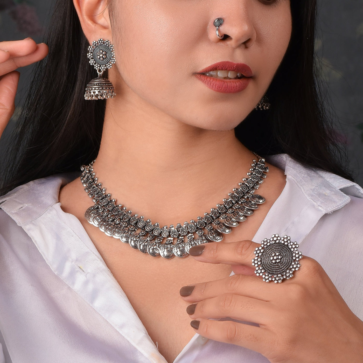 Shenaz Set of Oxidized Silver Choker +Matching Earrings +Nose Ring +Toe Rings +One Ring
