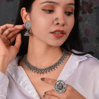 Savitri Set of Oxidized Choker +Matching Earrings +Nose Ring +Toe Ring +One Ring