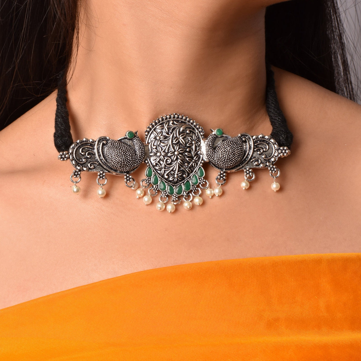 Mehul Peacock Shaped Oxidized Silver Choker Necklace