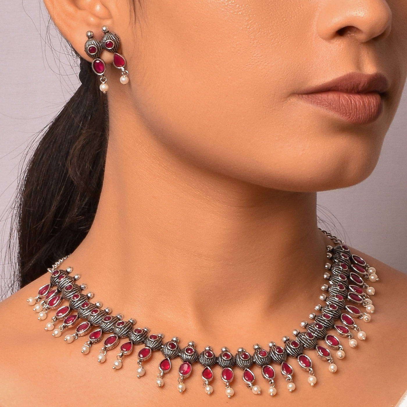 Anurati Oxidized Silver Necklace with Matching Earrings Set.