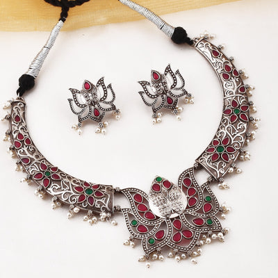 Sargun Lotus Flower Designed Silver Look Alike Necklace with Matching Earrings