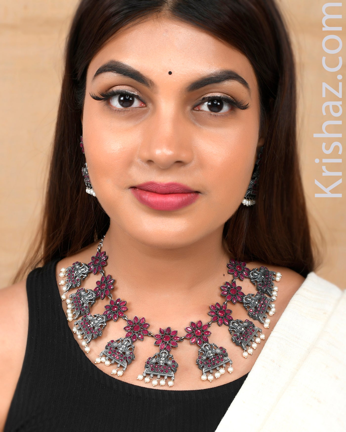 Traditional Ruby Color Goddess Lakshmi ji with Flower Choker Necklace Set with Matching Earrings