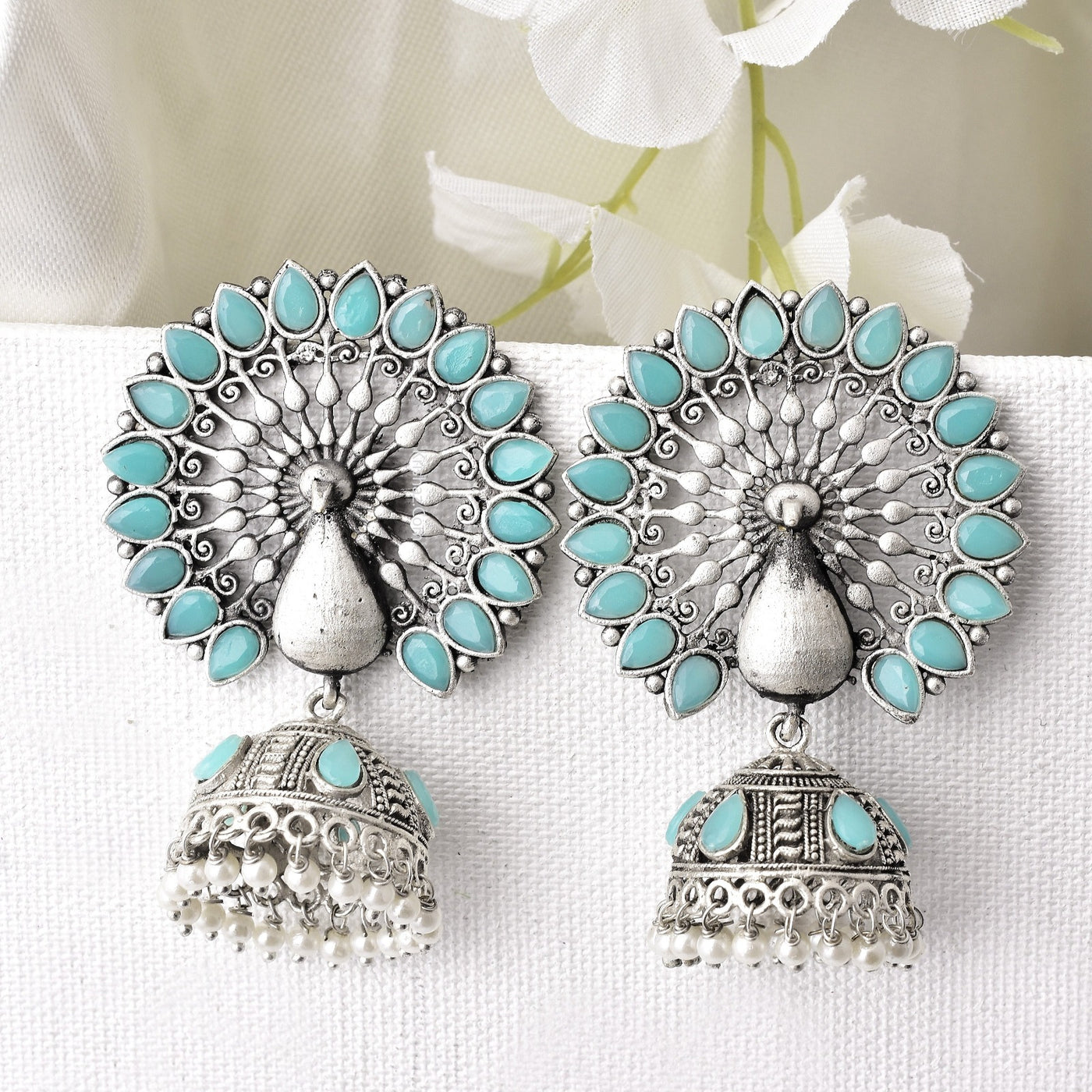 Turquoise Color Peacock Jhumkas Earring Set