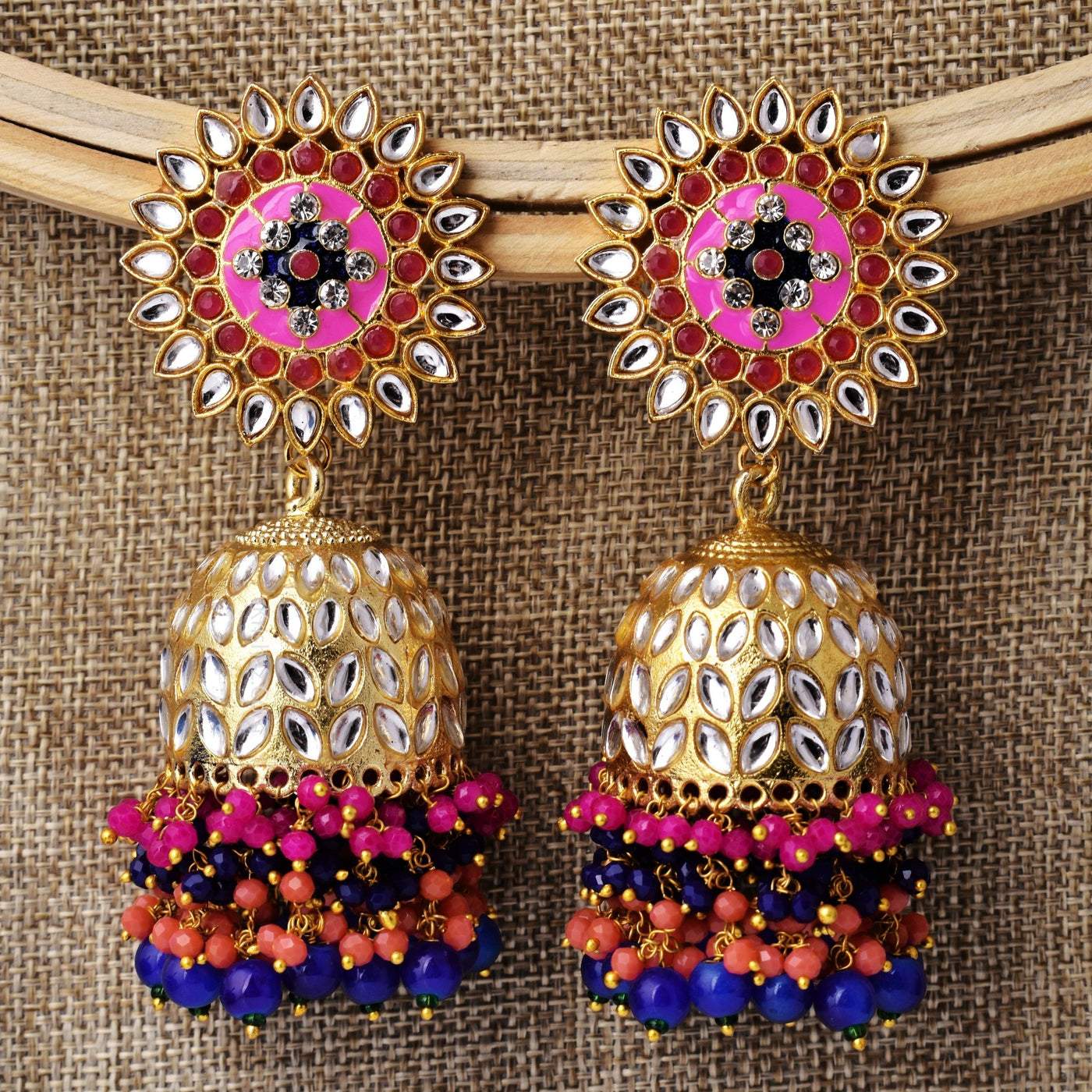 Sadhana Heavy Golden Colorful Jhumka Earrings
