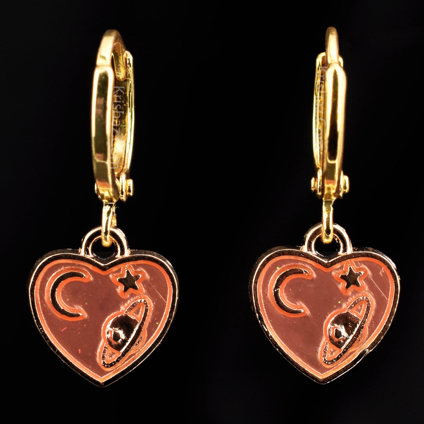 Orange Color Dainty Gold Huggie Hoops with Heart Charm Dangle