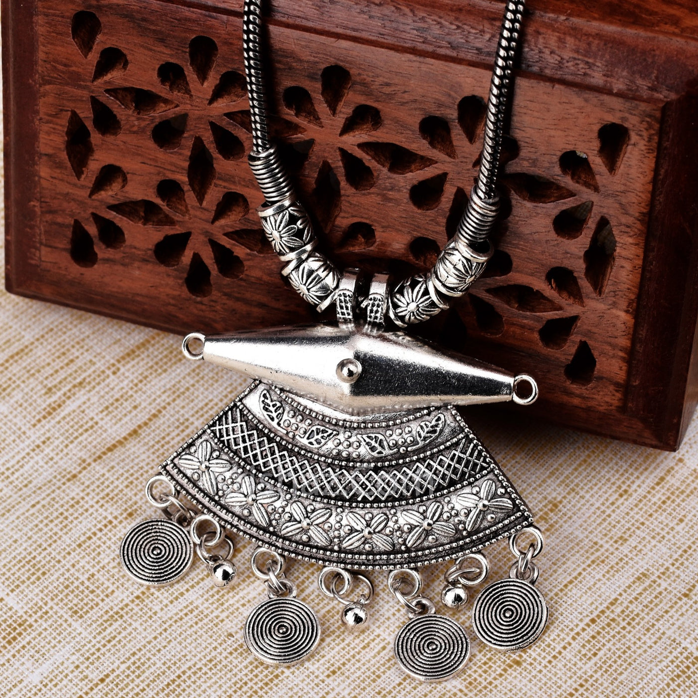 Designer Oxidized Silver Kolhapuri Long Pendant Necklace