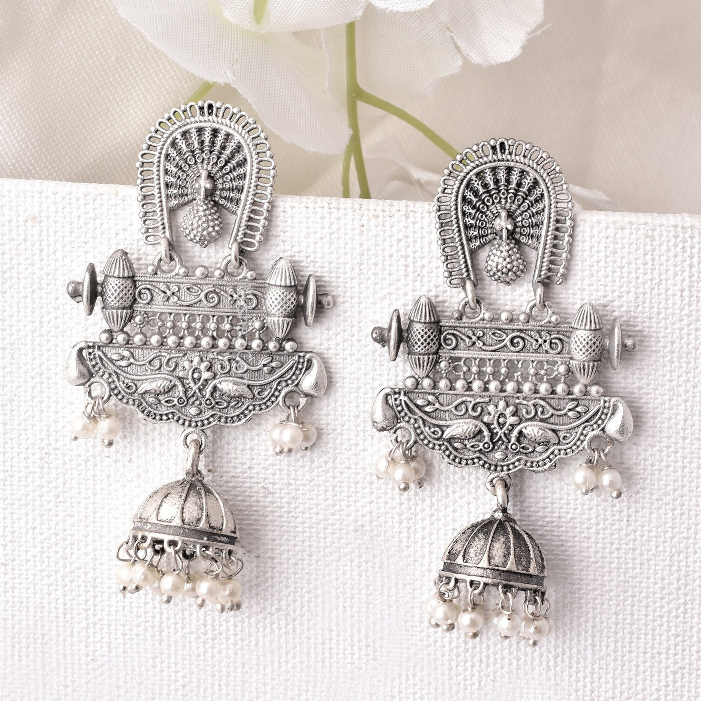 Dheera Peacock Design Silver Look Alike Jhumka Earrings