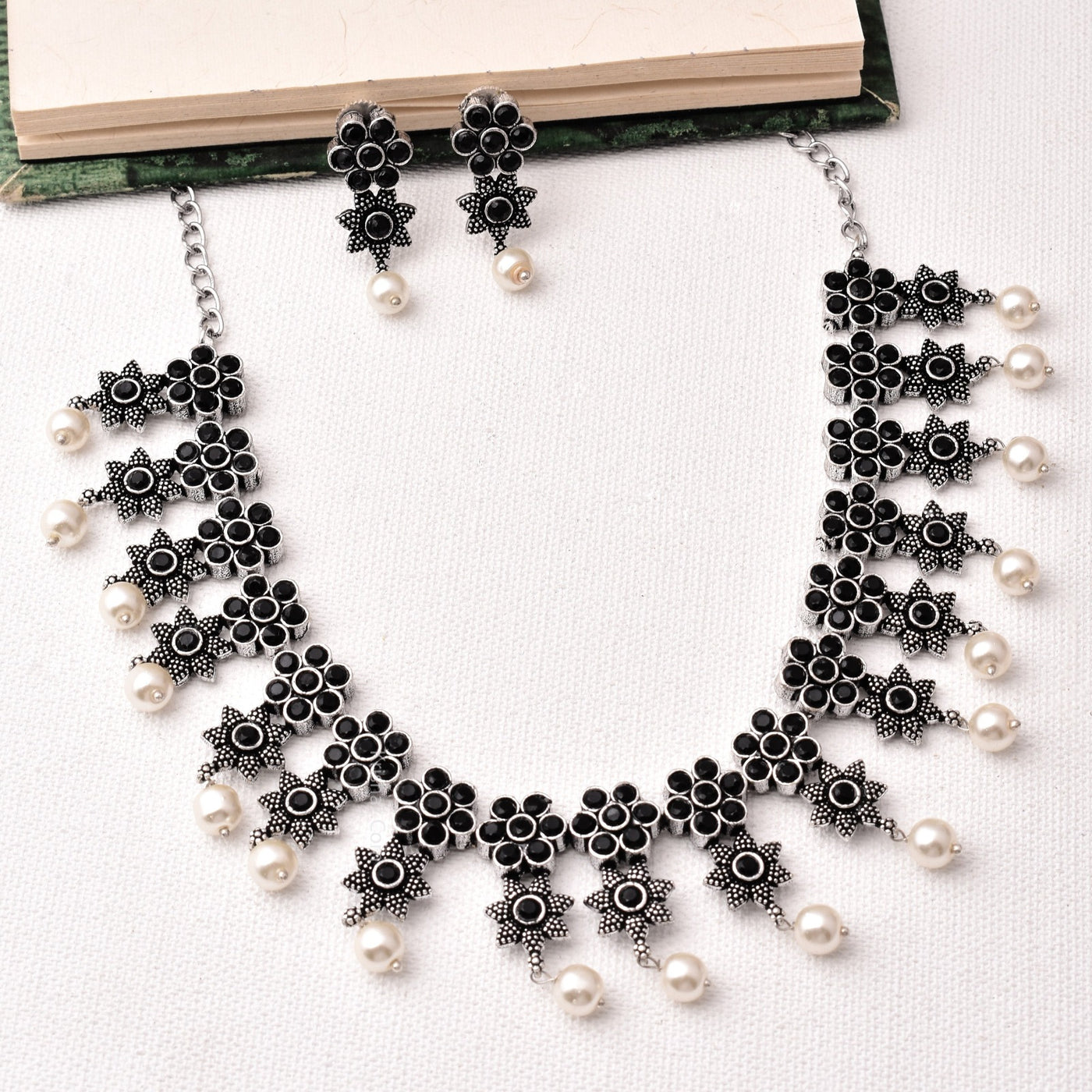 Pranalika Flower Design Silver Oxidized Necklace Set
