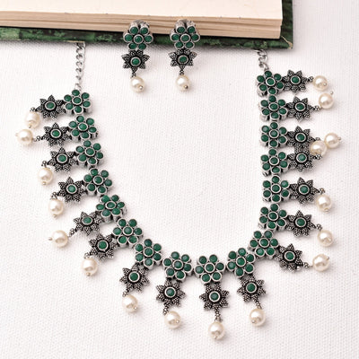 Pranalika Flower Design Silver Oxidized Necklace Set