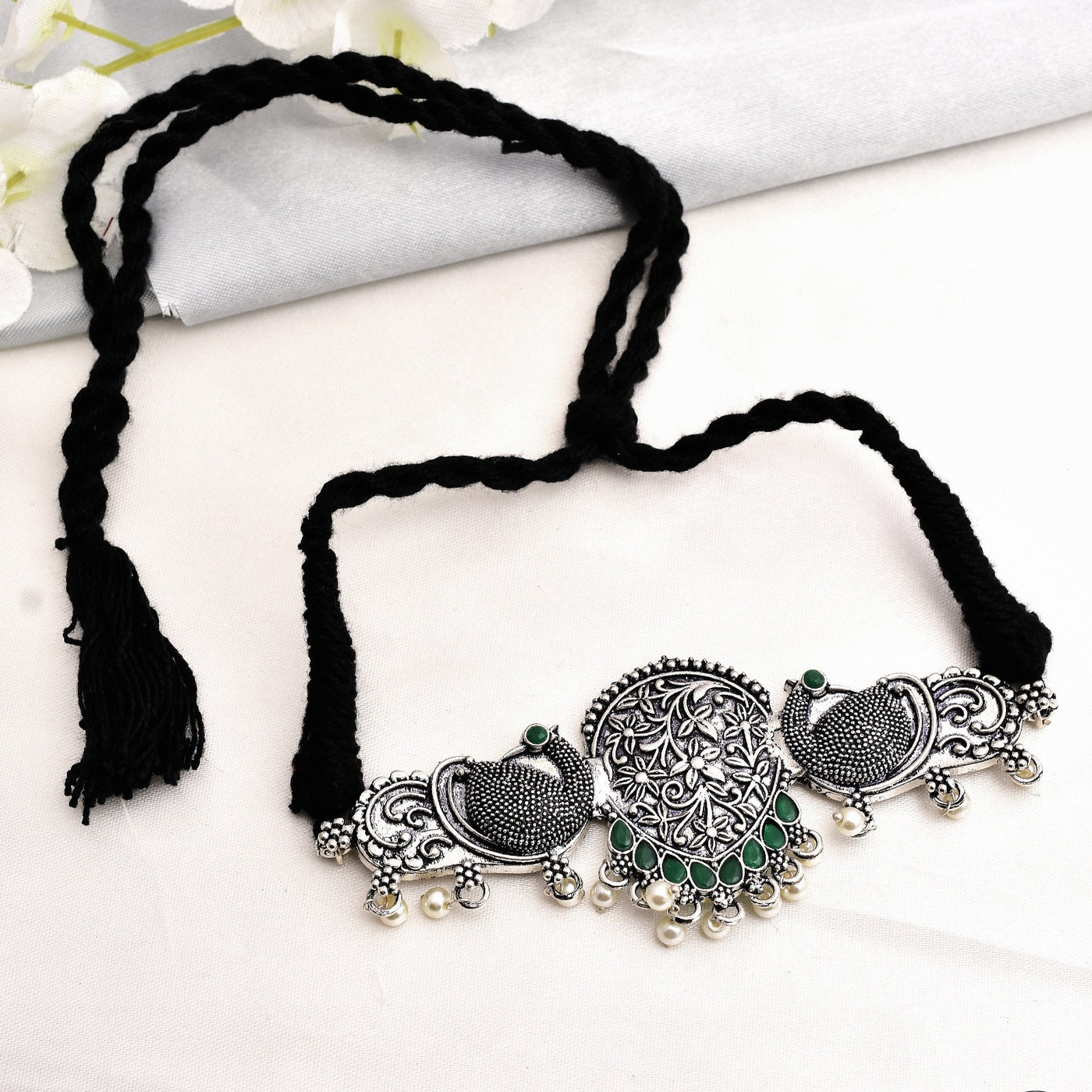 Mehul Peacock Shaped Oxidized Silver Choker Necklace