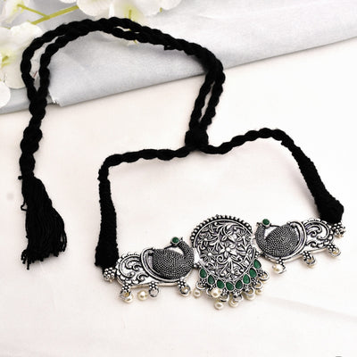 Mehul Peacock Shaped Oxidized Silver Choker Necklace
