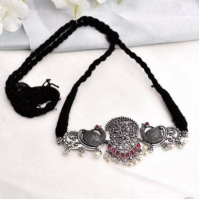Mehul Peacock Shaped Oxidized Silver Choker Necklace