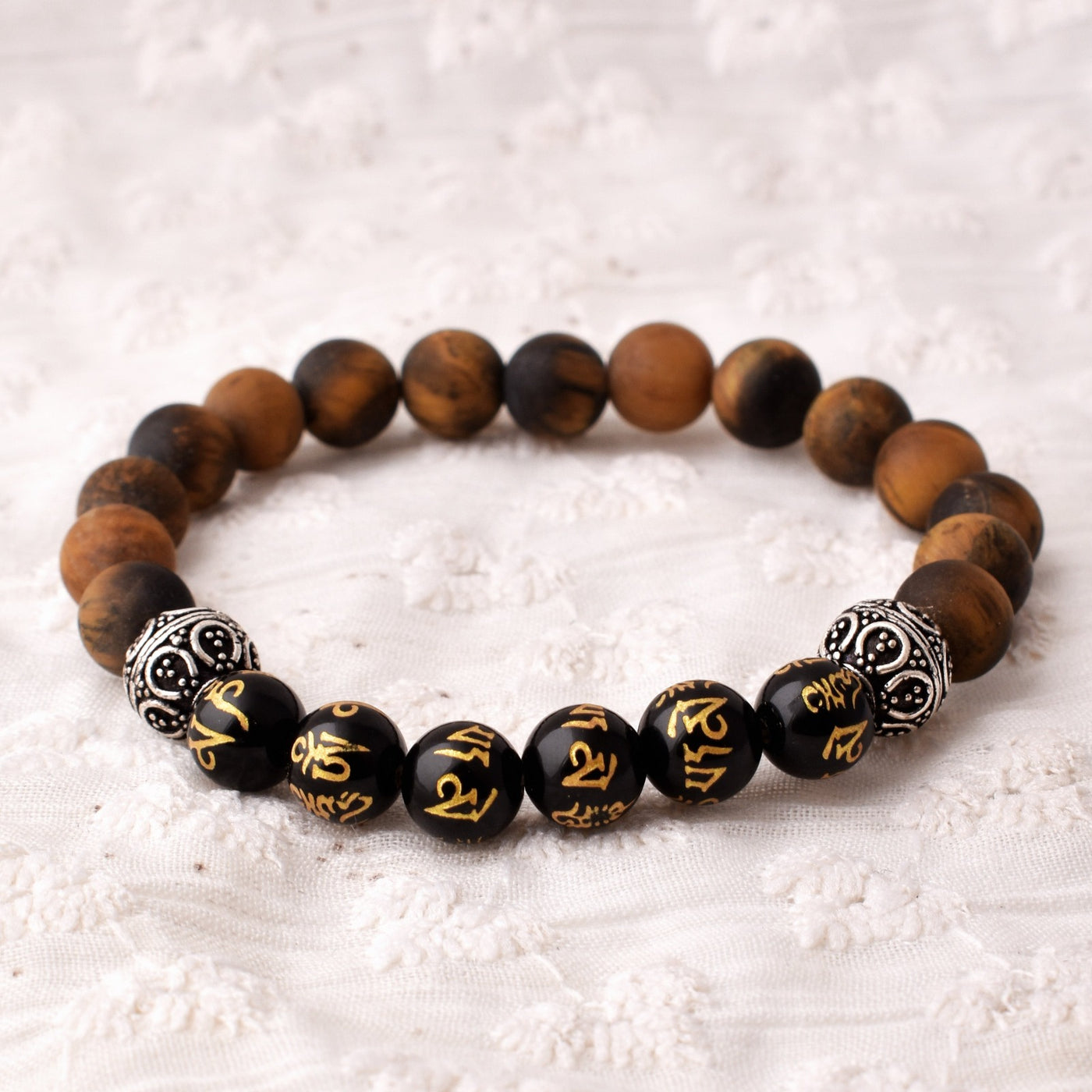 Round Beaded Stretch Bracelet, 8mm Round Natural Matte Tiger Eye and Black Om Mani Onyx Beaded Bracelet with Silver Plated Metal Beads