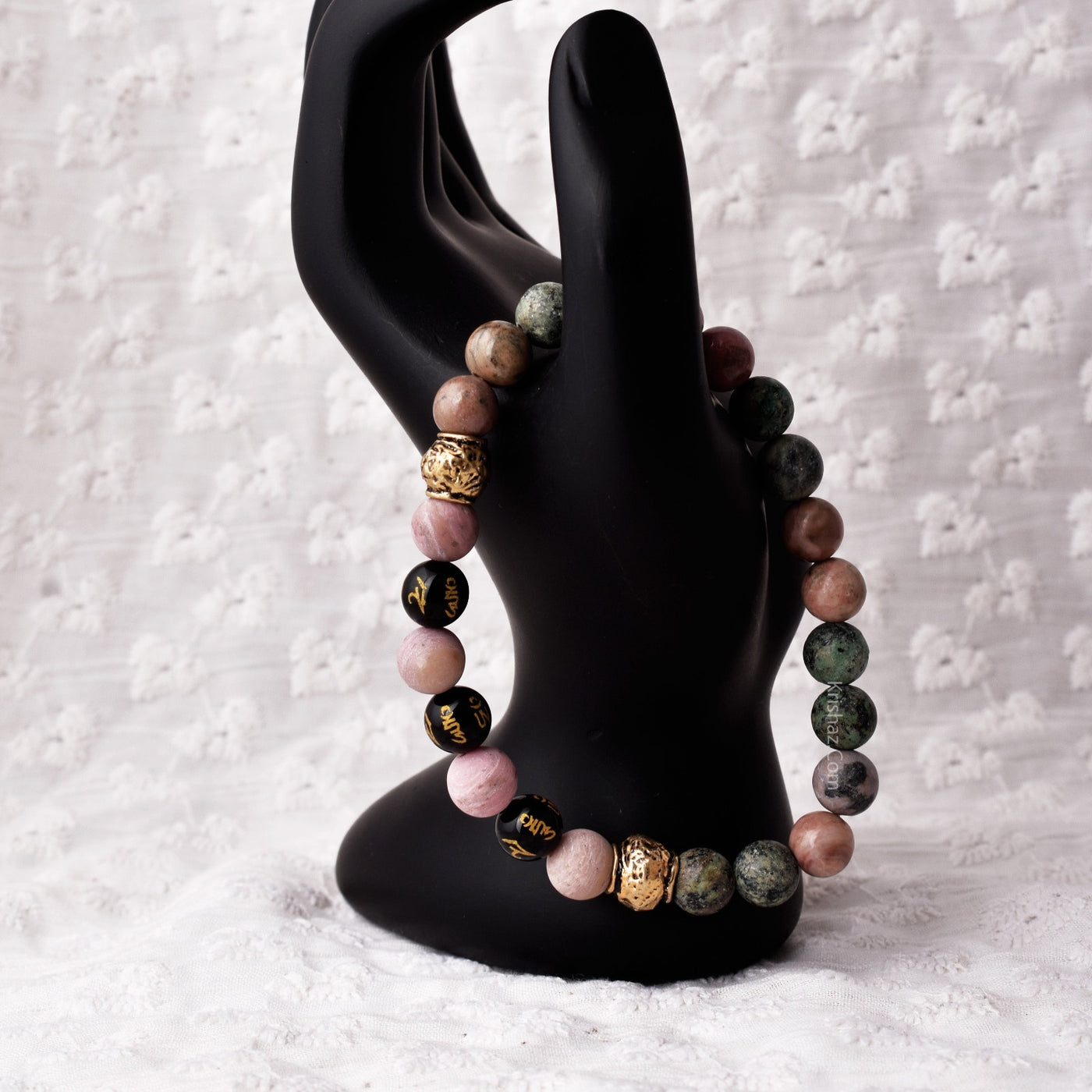 Round Beaded Stretch Bracelet, 8mm Natural Rhodonite with Om Mani Beads and African Jasper Bead Stretchable Bracelet